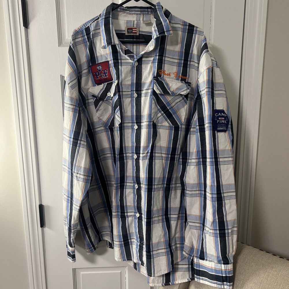 Vintage 90s Phat Farm Plaid Button Up Collard Men's Shirt Blue And White 5xl